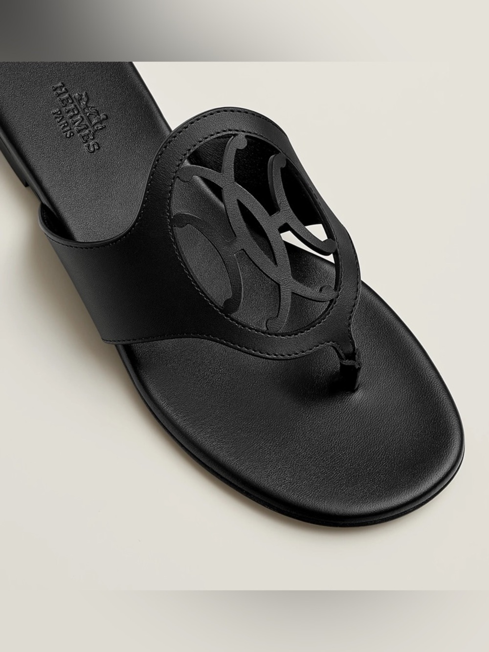 Hermes Black Leather Cutout Thong Sandals
